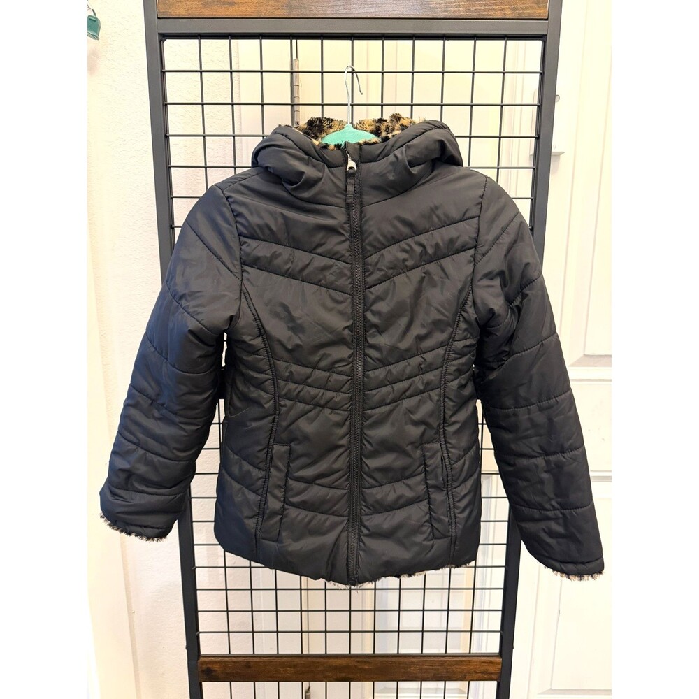 Steve Madden Girls Youth Reversible Parka Jacket Faux Animal Fur Black M 10/12